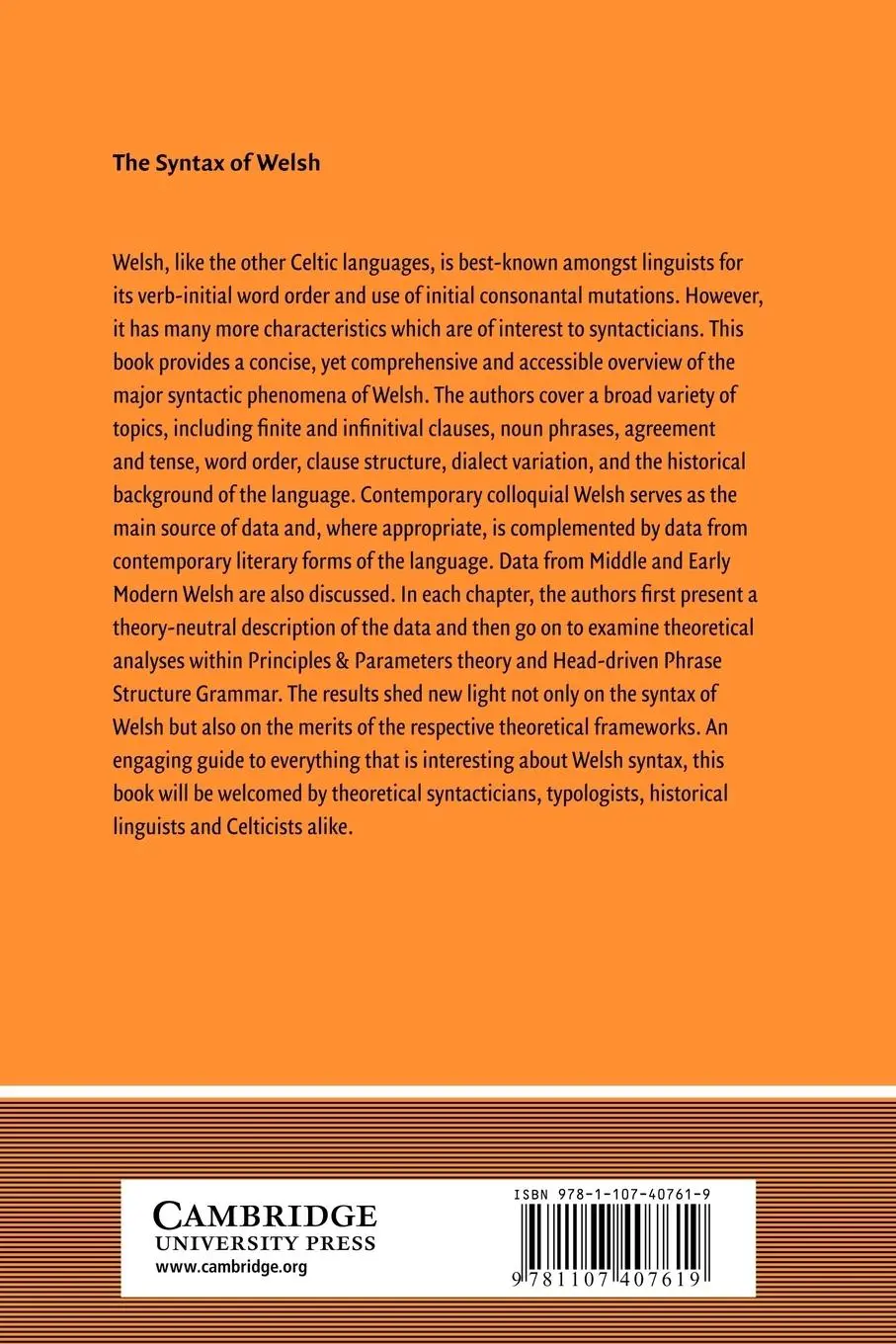 Rückseite: 9781107407619 | The Syntax of Welsh | Robert D. Borsley (u. a.) | Taschenbuch | 2012