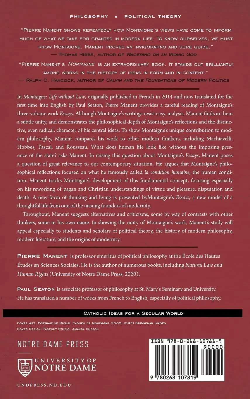 Rückseite: 9780268107819 | Montaigne | Life without Law | Pierre Manent | Buch | Gebunden | 2020