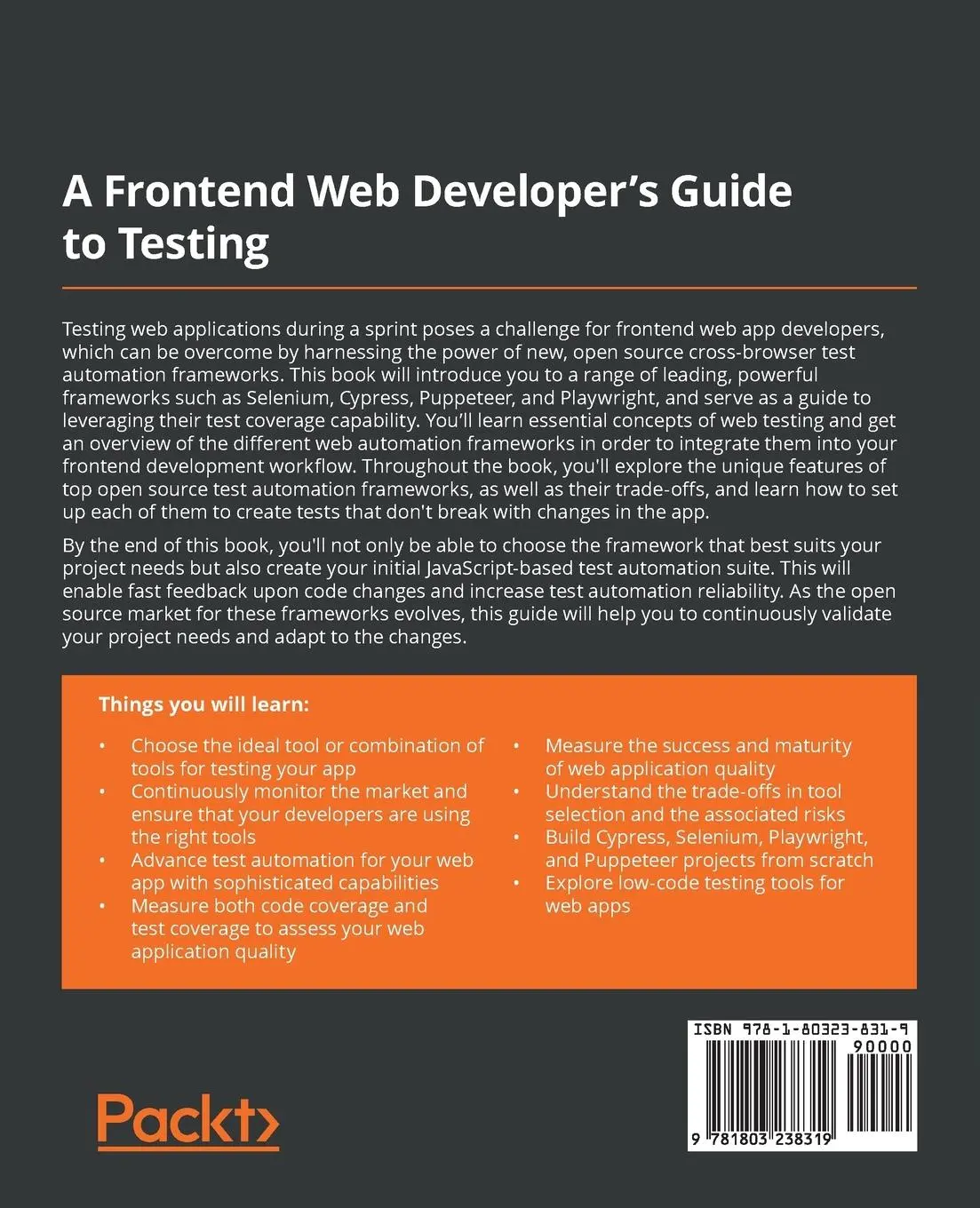 Rückseite: 9781803238319 | A Frontend Web Developer's Guide to Testing | Eran Kinsbruner | Buch