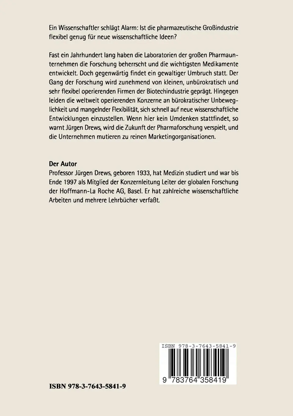 Rückseite: 9783764358419 | Die verspielte Zukunft | Wohin geht die Arzneimittelforschung? | Drews
