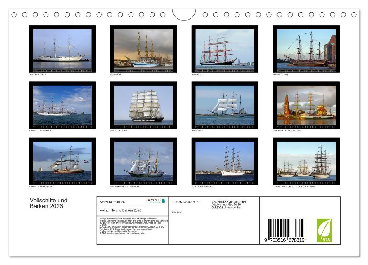 Bild: 9783516678819 | Vollschiffe und Barken 2026 (Wandkalender 2026 DIN A4 quer),...