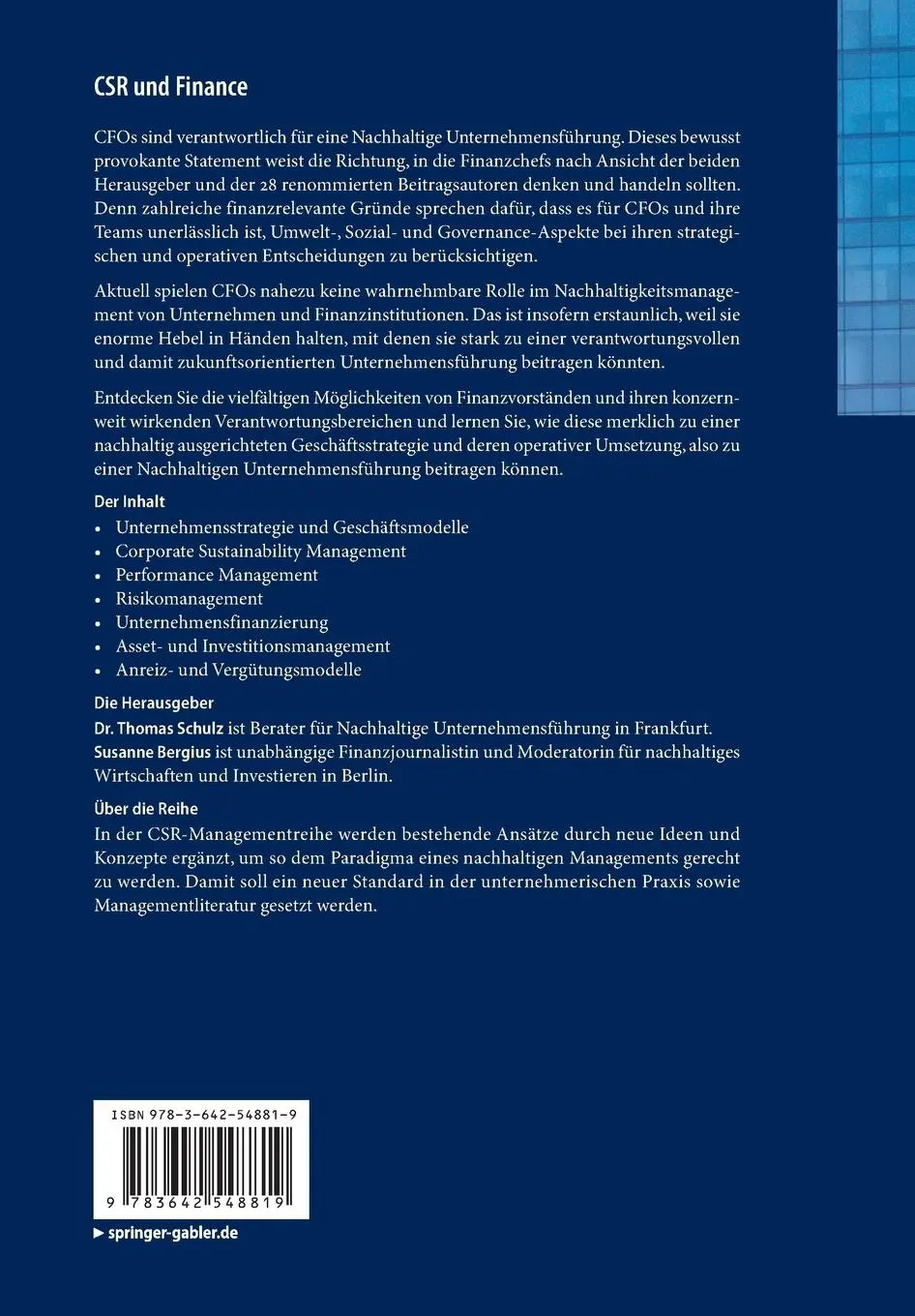 Rückseite: 9783642548819 | CSR und Finance | Susanne Bergius (u. a.) | Taschenbuch | xxxii | 2014