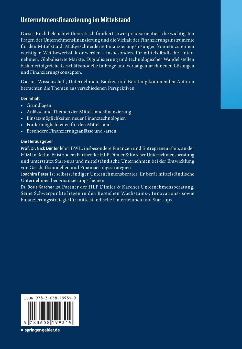 Rückseite: 9783658199319 | Unternehmensfinanzierung im Mittelstand | Nick Dimler (u. a.) | Buch