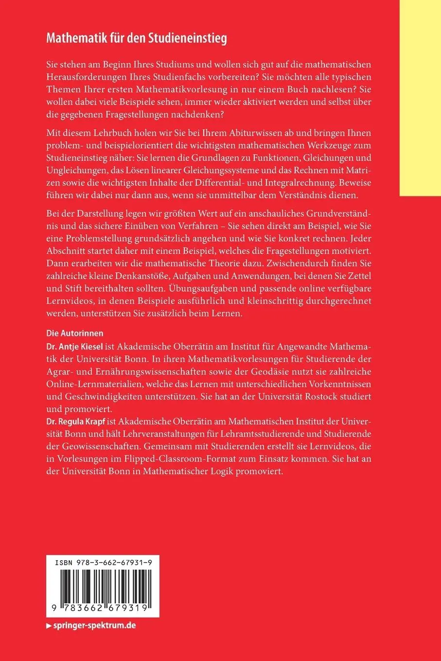 Rückseite: 9783662679319 | Mathematik für den Studieneinstieg | Regula Krapf (u. a.) | Buch | xvi