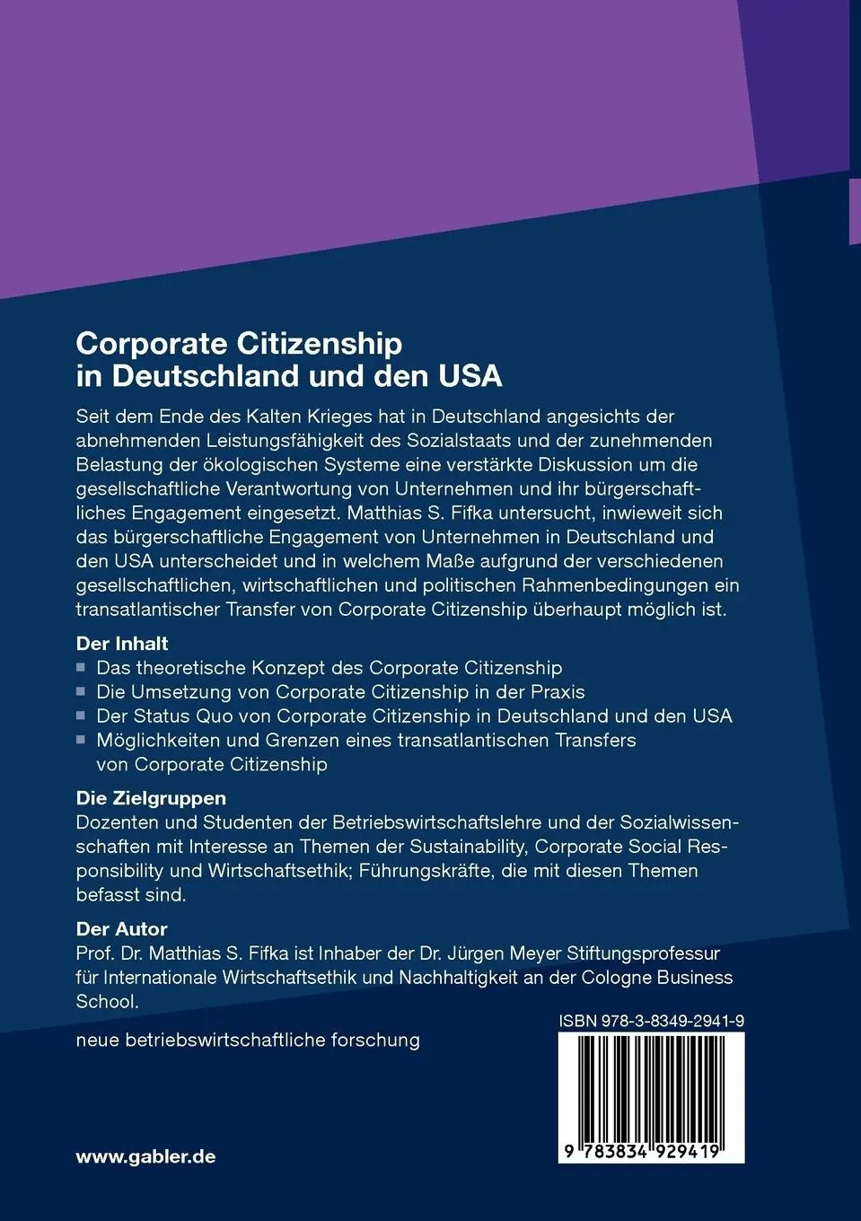 Rückseite: 9783834929419 | Corporate Citizenship in Deutschland und den USA | Matthias Fifka