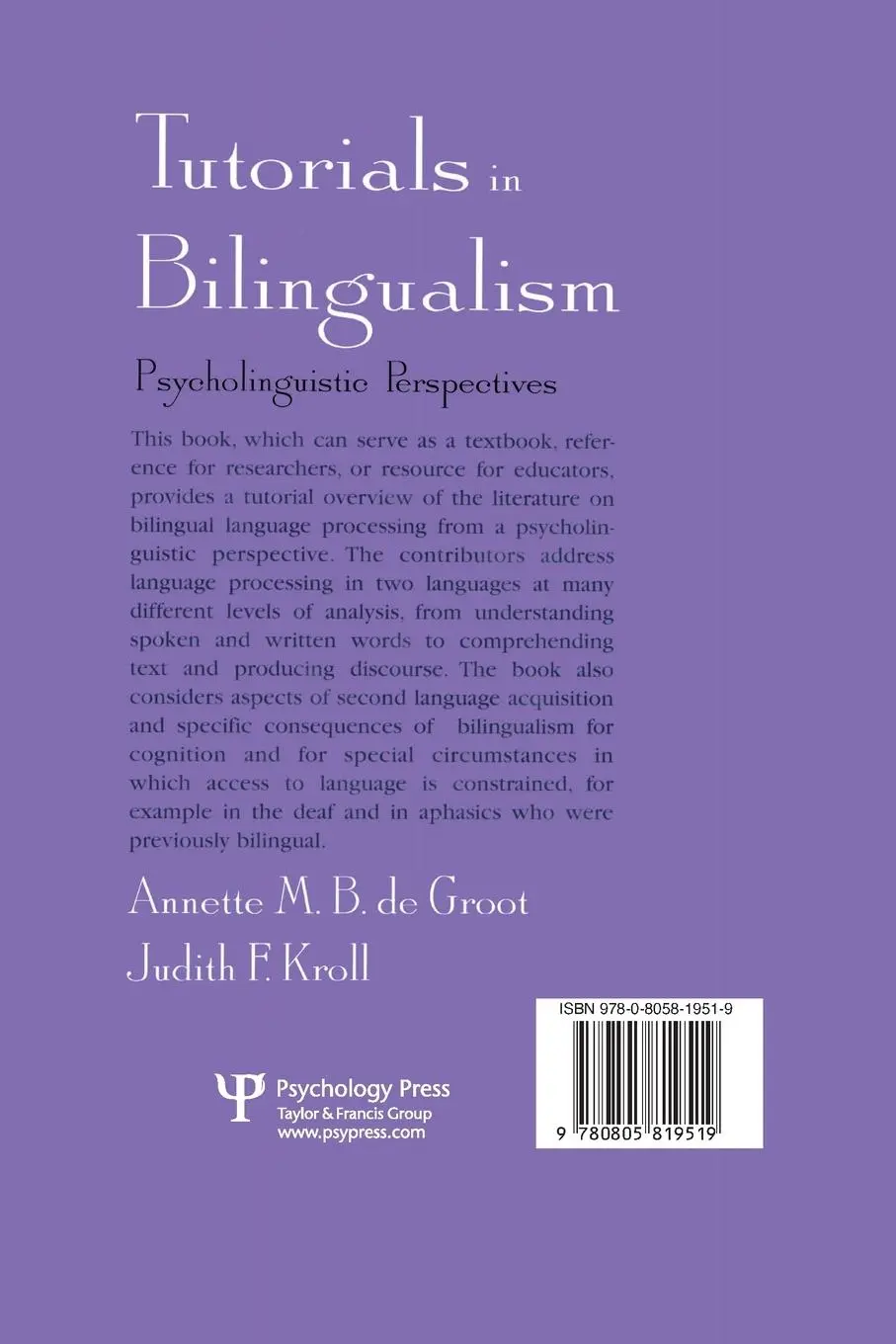 Rückseite: 9780805819519 | Tutorials in Bilingualism | Psycholinguistic Perspectives | Buch