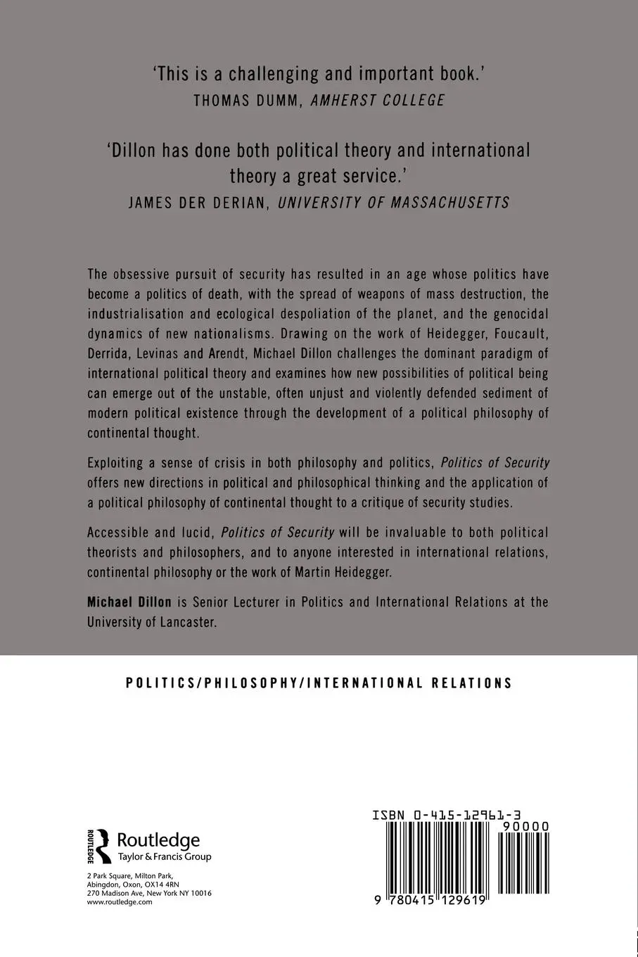 Rückseite: 9780415129619 | Politics of Security | Michael Dillon | Taschenbuch | Englisch | 1996