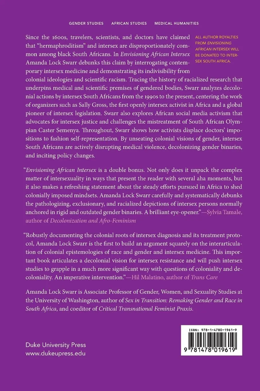 Rückseite: 9781478019619 | Envisioning African Intersex | Amanda Lock Swarr | Taschenbuch | 2023