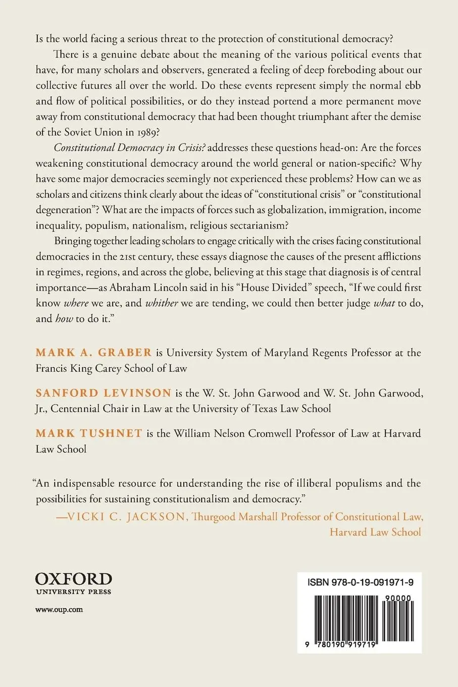 Rückseite: 9780190919719 | Constitutional Democracy in Crisis? | Mark A Graber (u. a.) | Buch