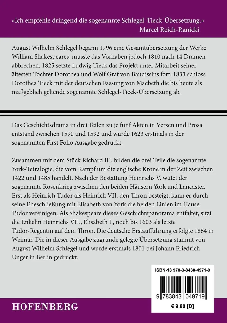 Rückseite: 9783843049719 | König Heinrich VI. | Erster, zweiter und dritter Teil | Shakespeare