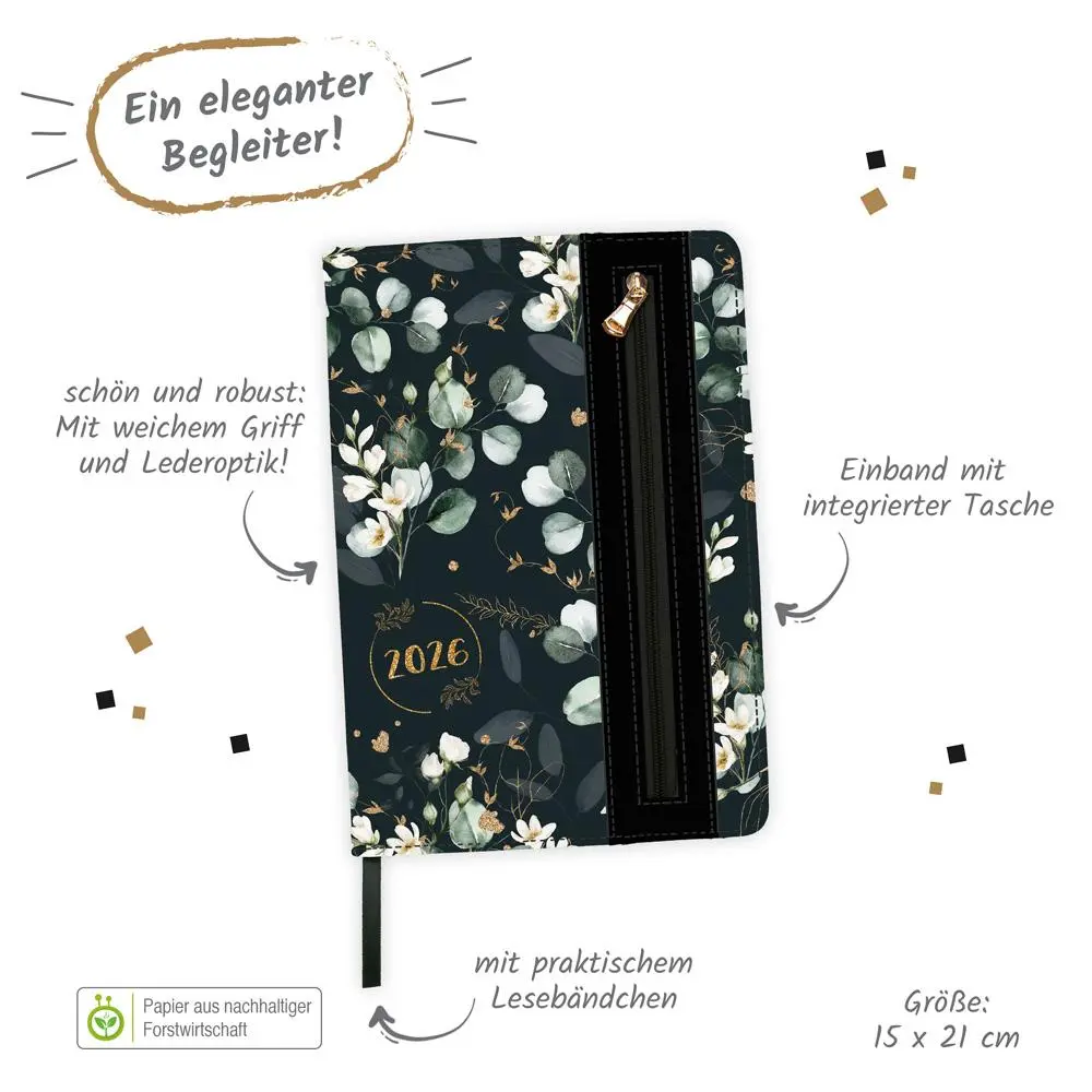 Bild: 4251901509819 | Trötsch Wochenplaner A5 mit Tasche Flowers black 2026 | KG | Kalender