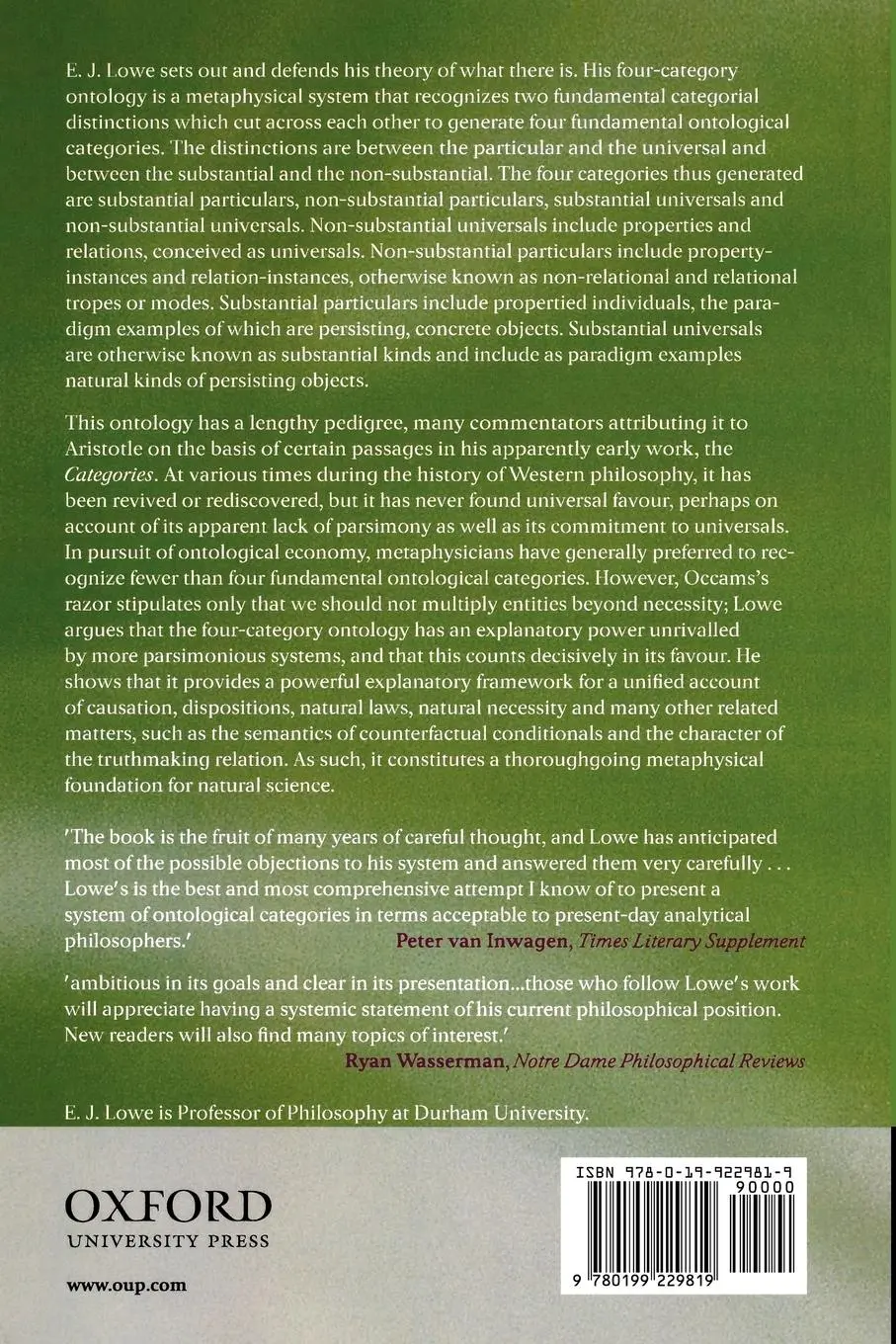 Rückseite: 9780199229819 | The Four-Category Ontology | E. J. Lowe | Taschenbuch | Paperback