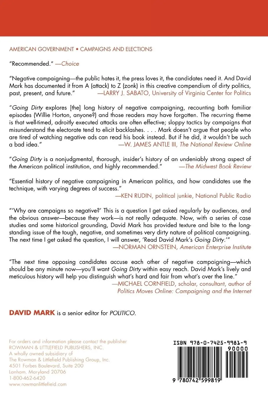 Rückseite: 9780742599819 | Going Dirty | The Art of Negative Campaigning | David Mark | Buch
