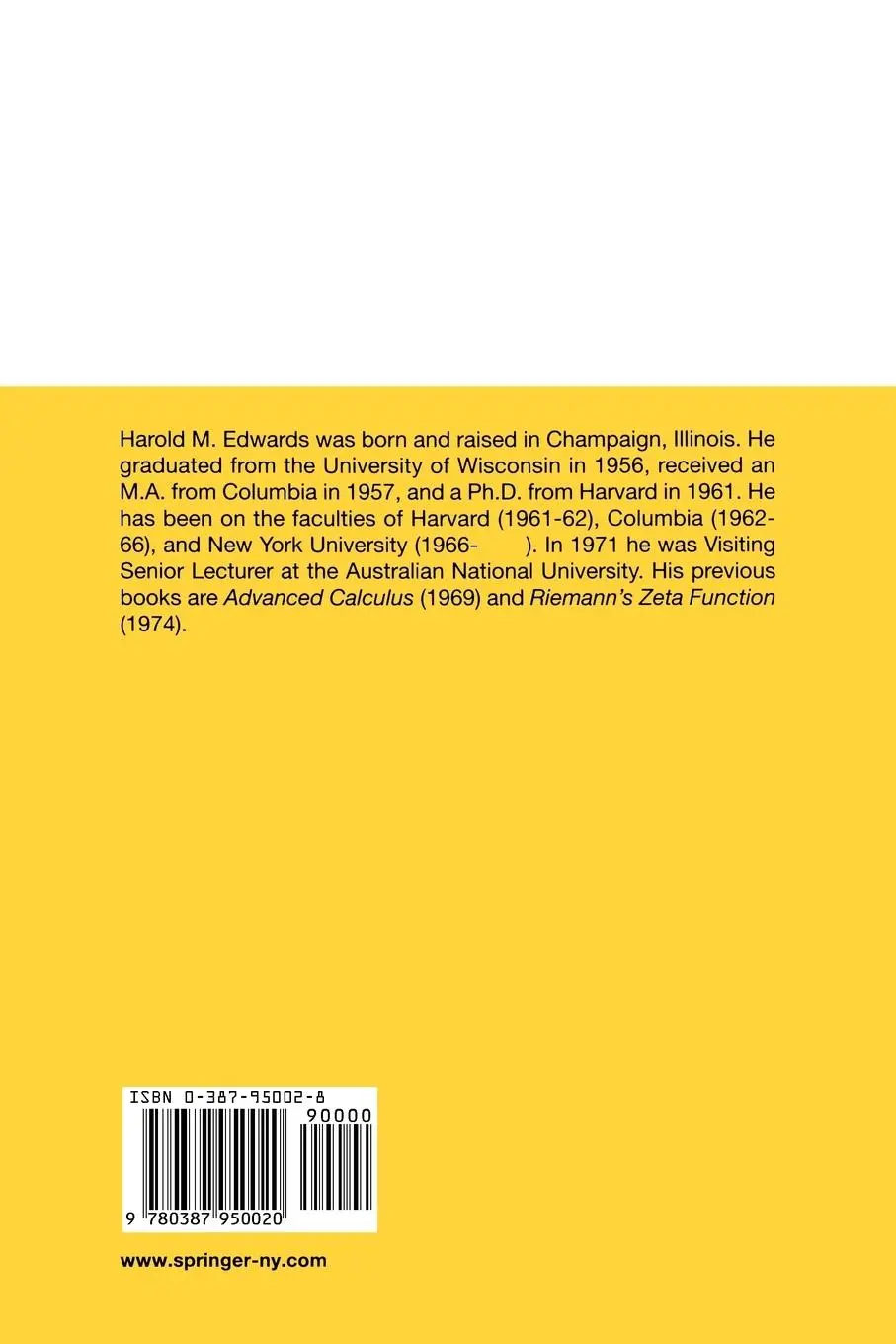 Rückseite: 9780387950020 | Fermat's Last Theorem | Harold M. Edwards | Taschenbuch | xv | 2000