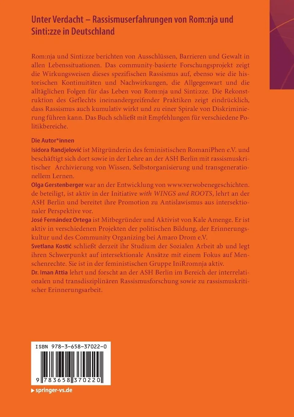 Rückseite: 9783658370220 | Unter Verdacht - Rassismuserfahrungen von Rom:nja und Sinti:zze in...