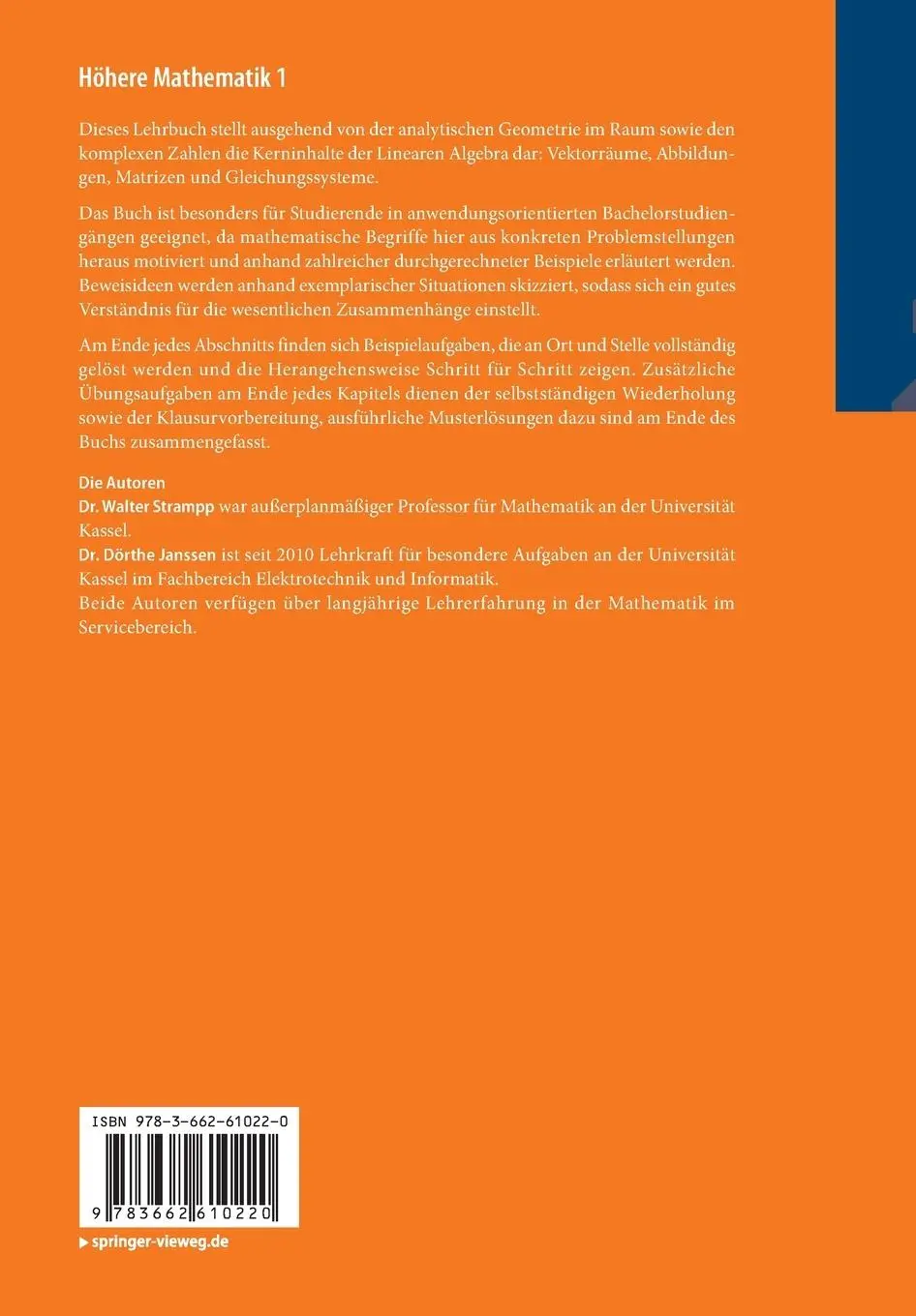 Rückseite: 9783662610220 | Höhere Mathematik 1 | Lineare Algebra | Dörthe Janssen (u. a.) | Buch