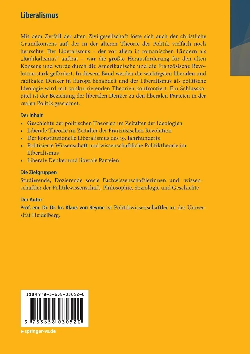Rückseite: 9783658030520 | Liberalismus | Klaus Von Beyme | Taschenbuch | viii | Deutsch | 2013