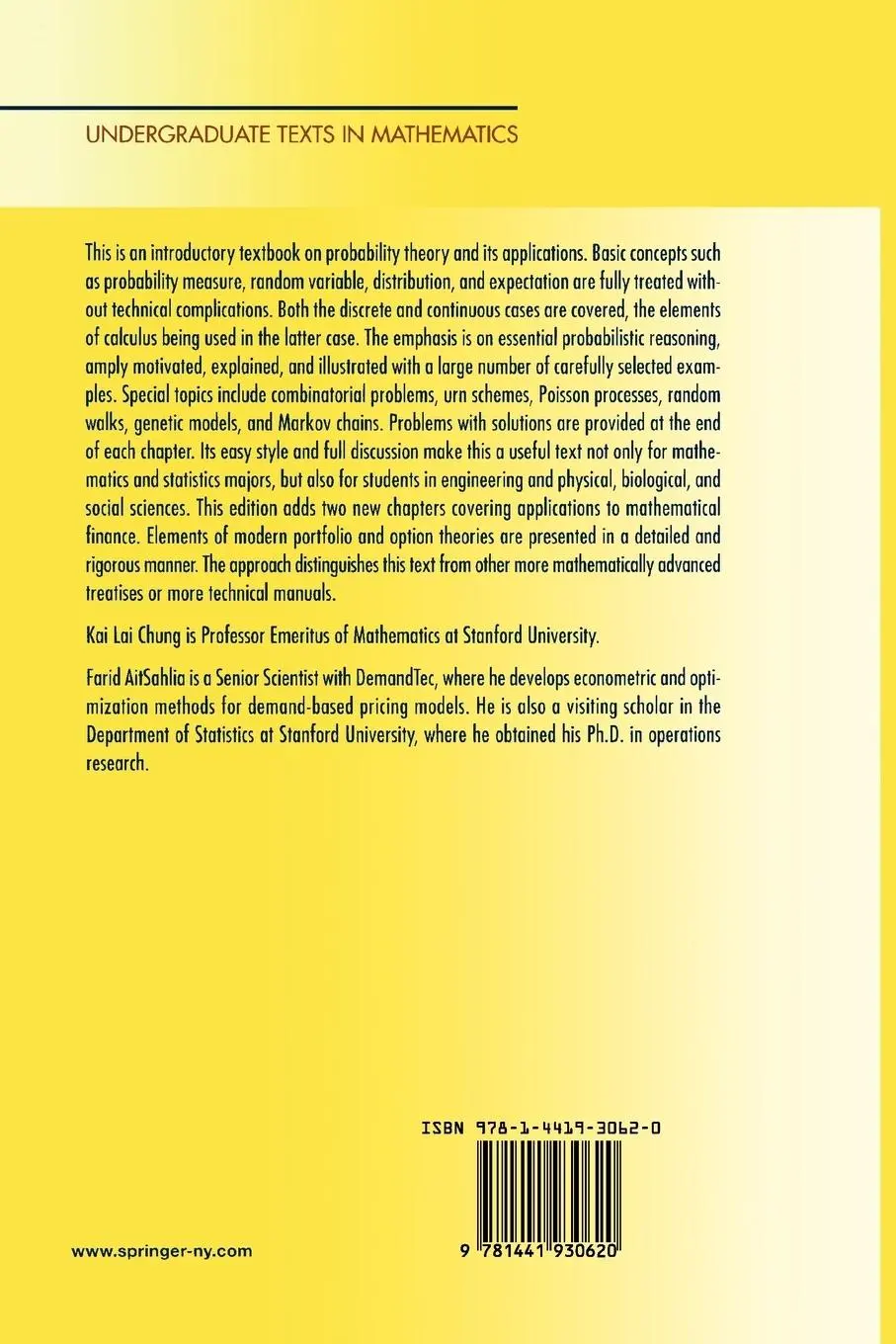 Rückseite: 9781441930620 | Elementary Probability Theory | Farid Aitsahlia (u. a.) | Taschenbuch