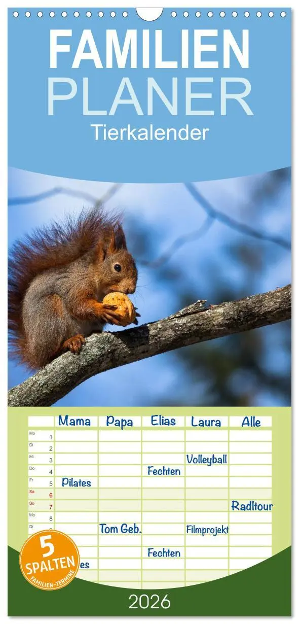 Cover: 9783516520620 | Familienplaner 2026 - Tierkalender 2026 mit 5 Spalten...