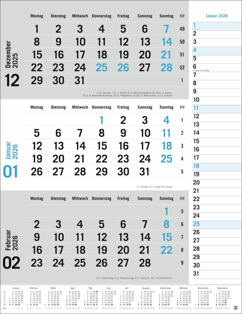 Cover: 9783756410620 | 3-Monats-Planer, blau 2026 | Heye | Kalender | Bürokalender Heye