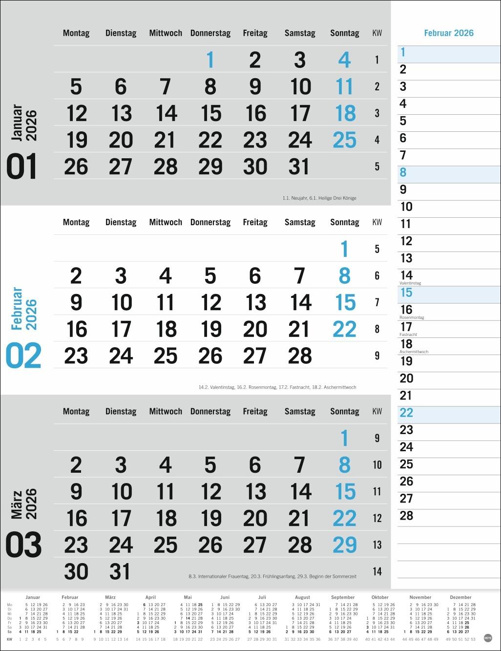 Bild: 9783756410620 | 3-Monats-Planer, blau 2026 | Heye | Kalender | Bürokalender Heye