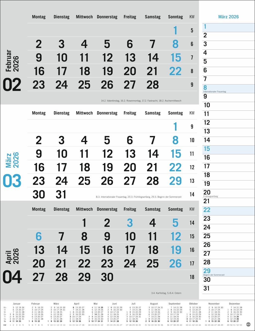 Bild: 9783756410620 | 3-Monats-Planer, blau 2026 | Heye | Kalender | Bürokalender Heye