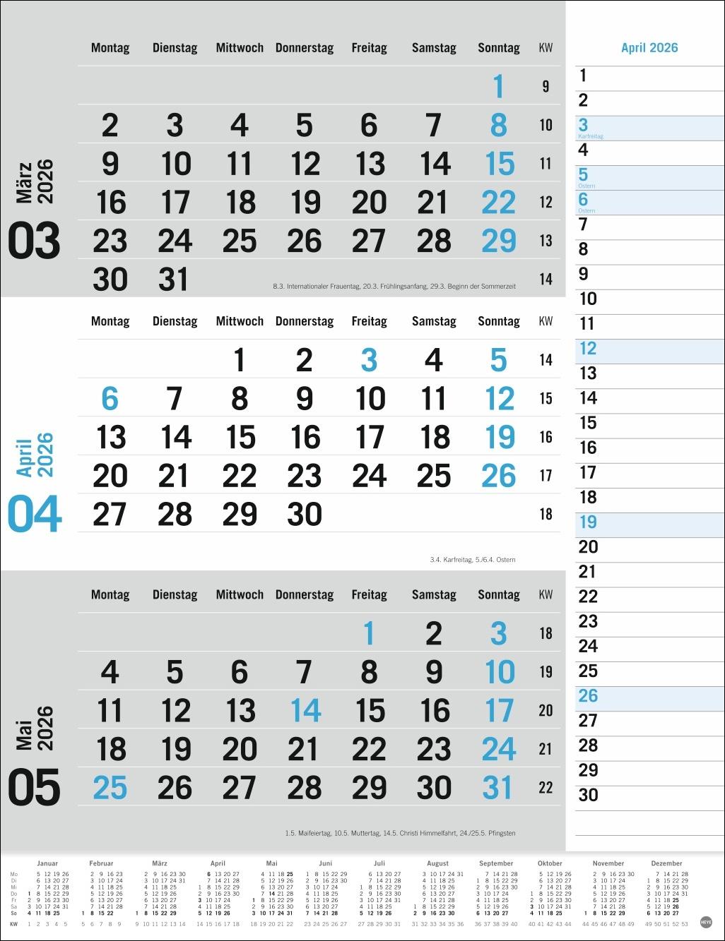 Bild: 9783756410620 | 3-Monats-Planer, blau 2026 | Heye | Kalender | Bürokalender Heye
