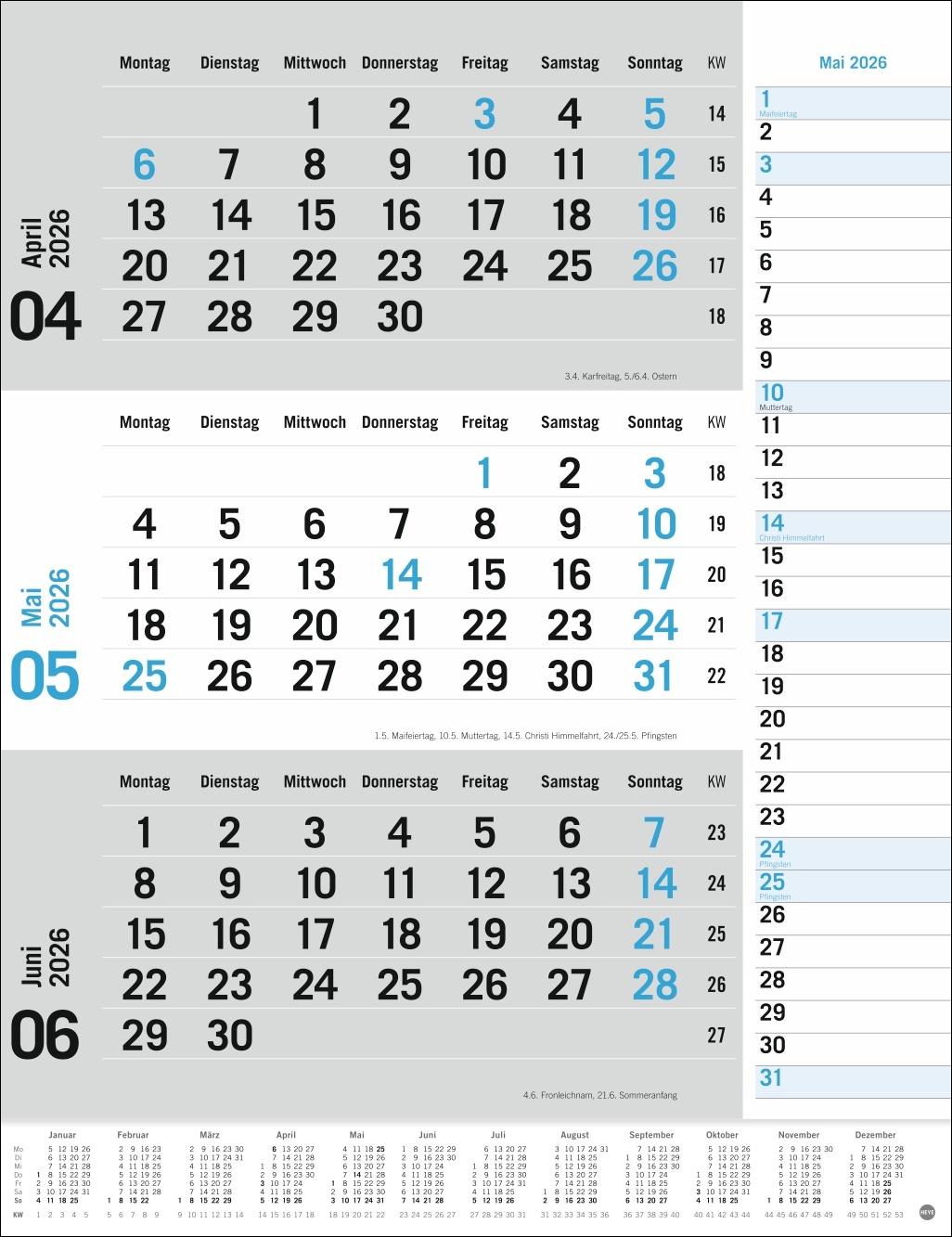 Bild: 9783756410620 | 3-Monats-Planer, blau 2026 | Heye | Kalender | Bürokalender Heye