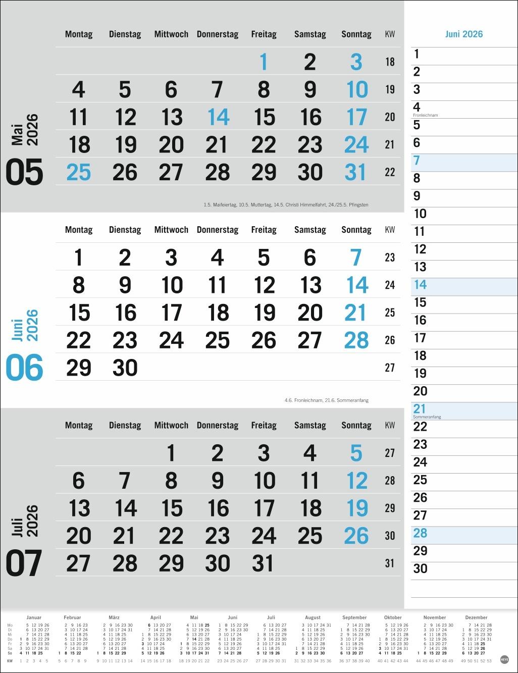 Bild: 9783756410620 | 3-Monats-Planer, blau 2026 | Heye | Kalender | Bürokalender Heye