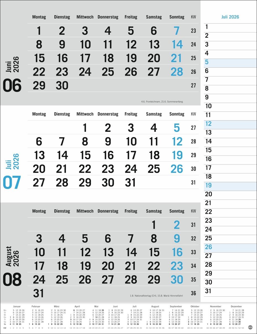 Bild: 9783756410620 | 3-Monats-Planer, blau 2026 | Heye | Kalender | Bürokalender Heye