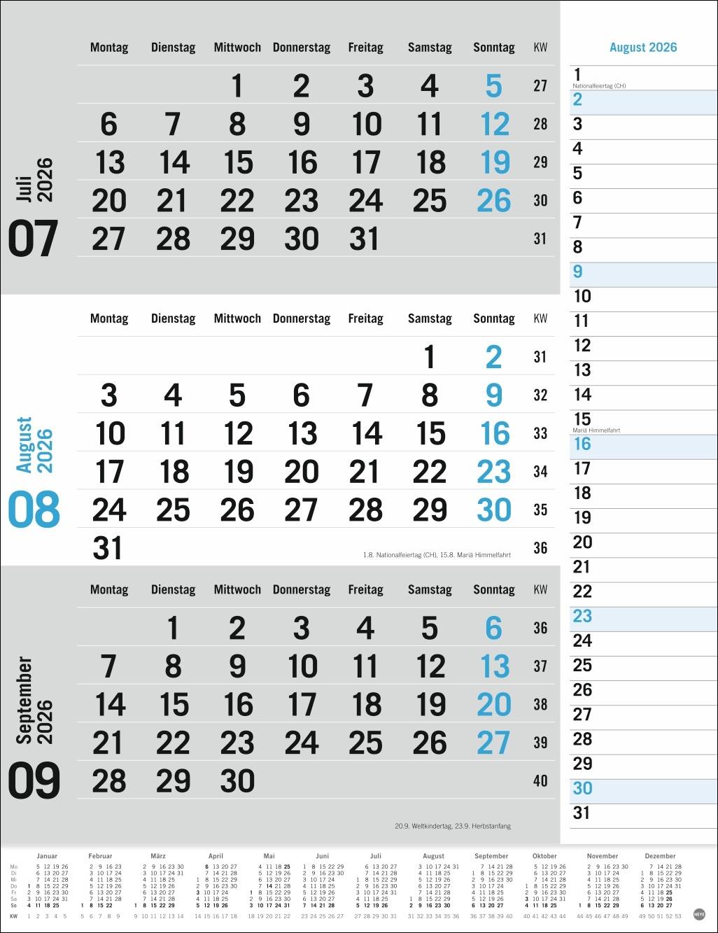 Bild: 9783756410620 | 3-Monats-Planer, blau 2026 | Heye | Kalender | Bürokalender Heye