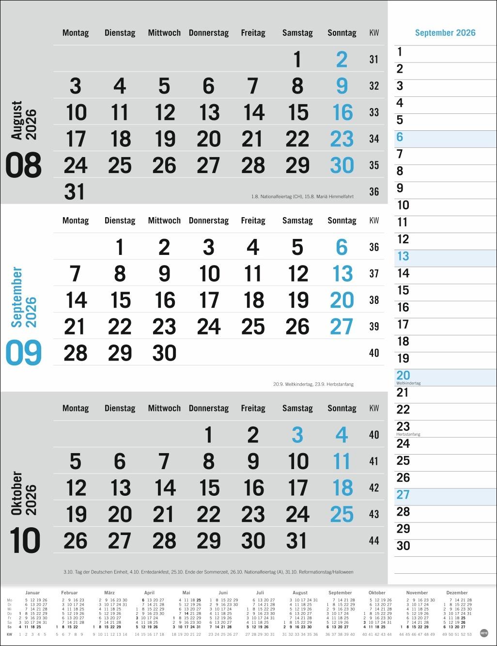 Bild: 9783756410620 | 3-Monats-Planer, blau 2026 | Heye | Kalender | Bürokalender Heye