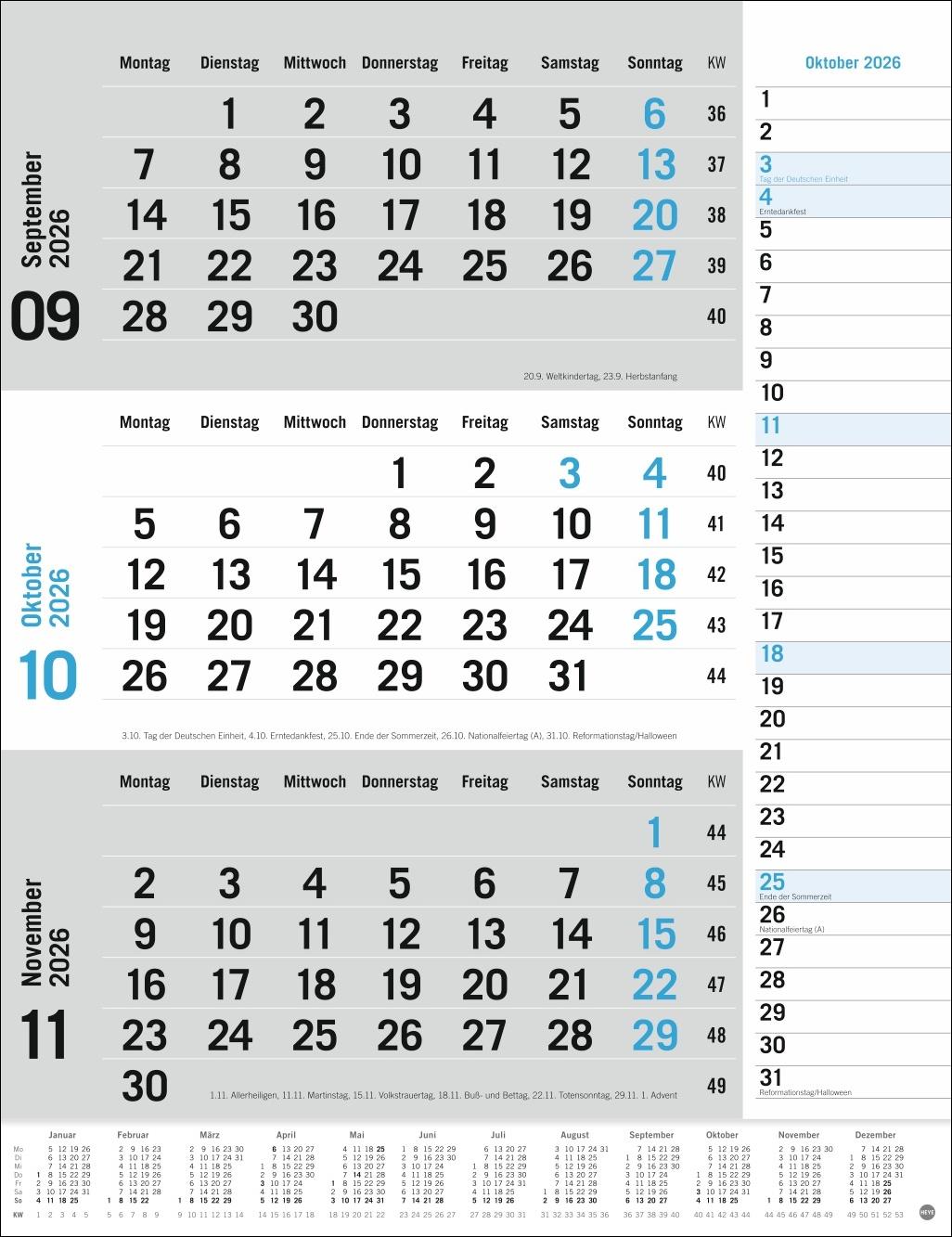 Bild: 9783756410620 | 3-Monats-Planer, blau 2026 | Heye | Kalender | Bürokalender Heye