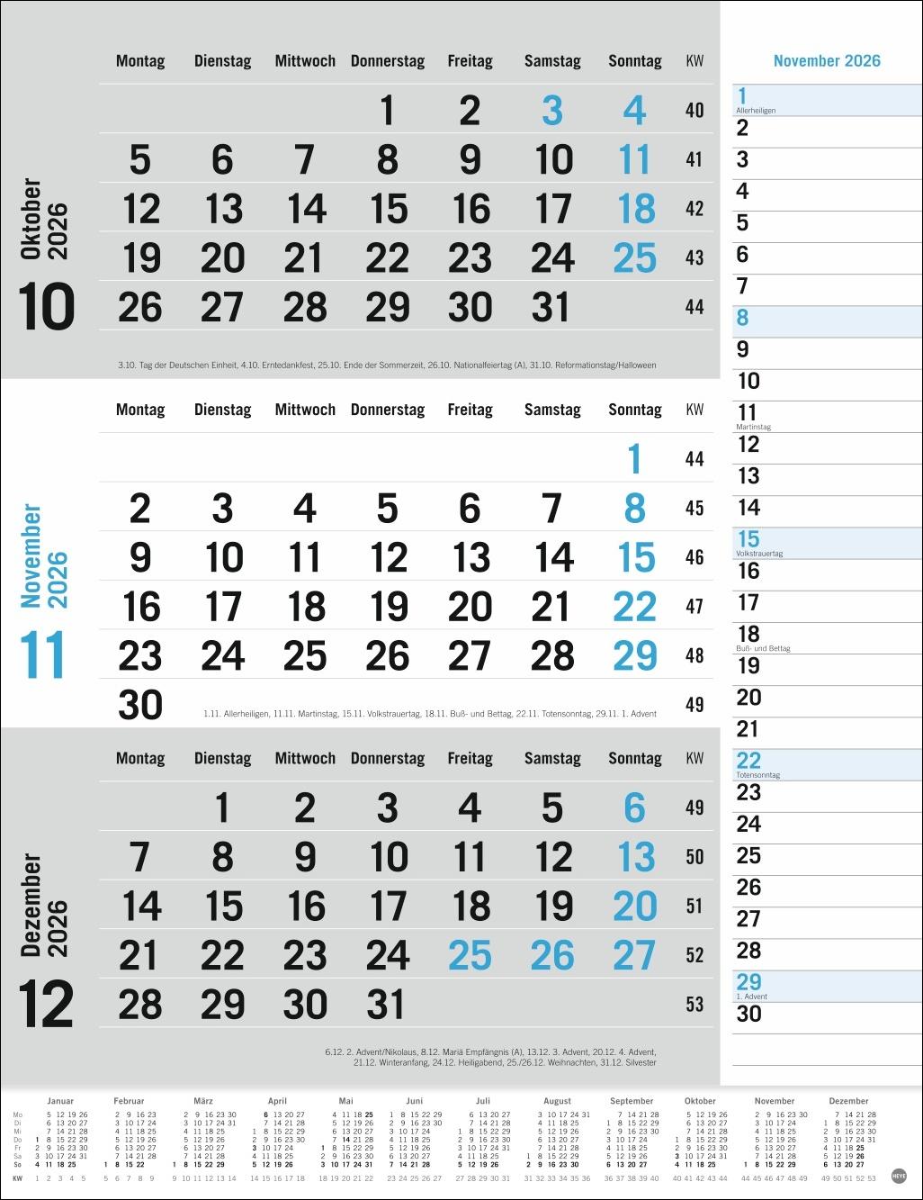 Bild: 9783756410620 | 3-Monats-Planer, blau 2026 | Heye | Kalender | Bürokalender Heye