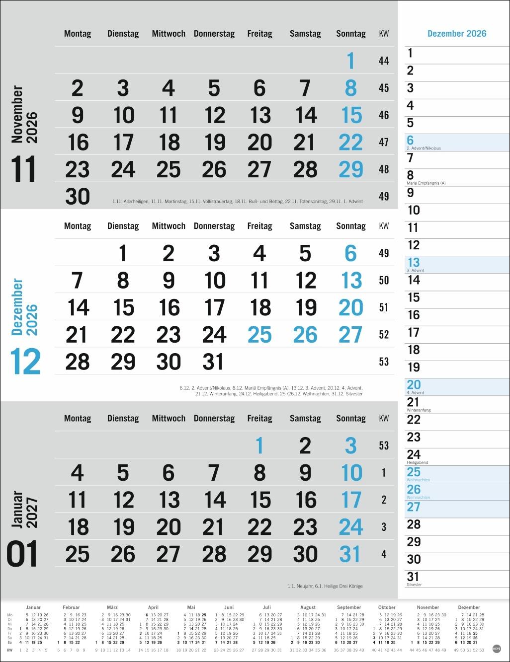 Bild: 9783756410620 | 3-Monats-Planer, blau 2026 | Heye | Kalender | Bürokalender Heye