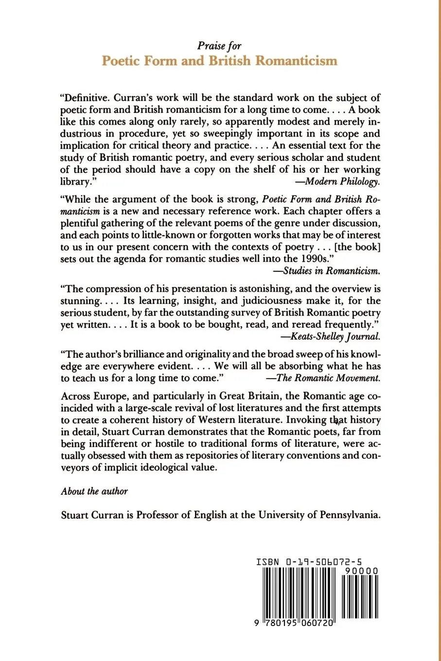 Rückseite: 9780195060720 | Poetic Form and British Romanticism | Stuart Curran | Taschenbuch