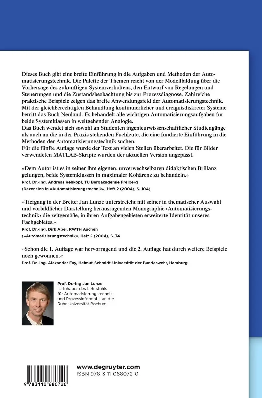 Rückseite: 9783110680720 | Automatisierungstechnik | Jan Lunze | Buch | XXVI | Deutsch | 2020