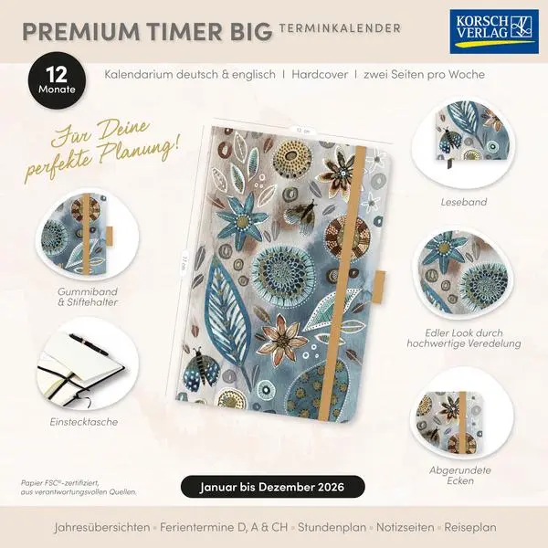 Bild: 9783731890720 | Premium Timer Big "Floral Collage" 2026 | Verlag Korsch | Buch | 2026