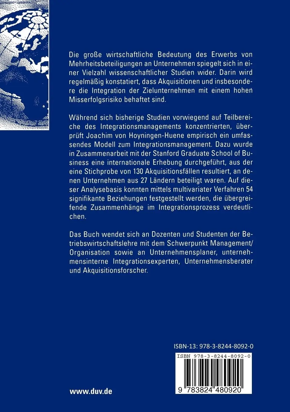 Rückseite: 9783824480920 | Integration nach Unternehmensakquisitionen | Joachim Hoyningen-Huene