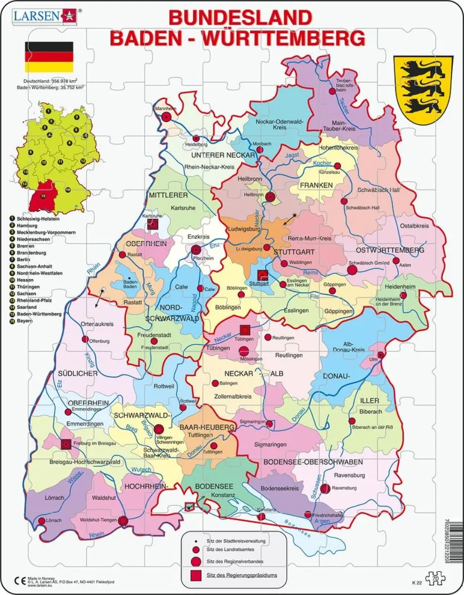 Cover: 7023850221220 | Puzzle - Baden-Württemberg (politisch) | Puzzle | 2018 | Larsen
