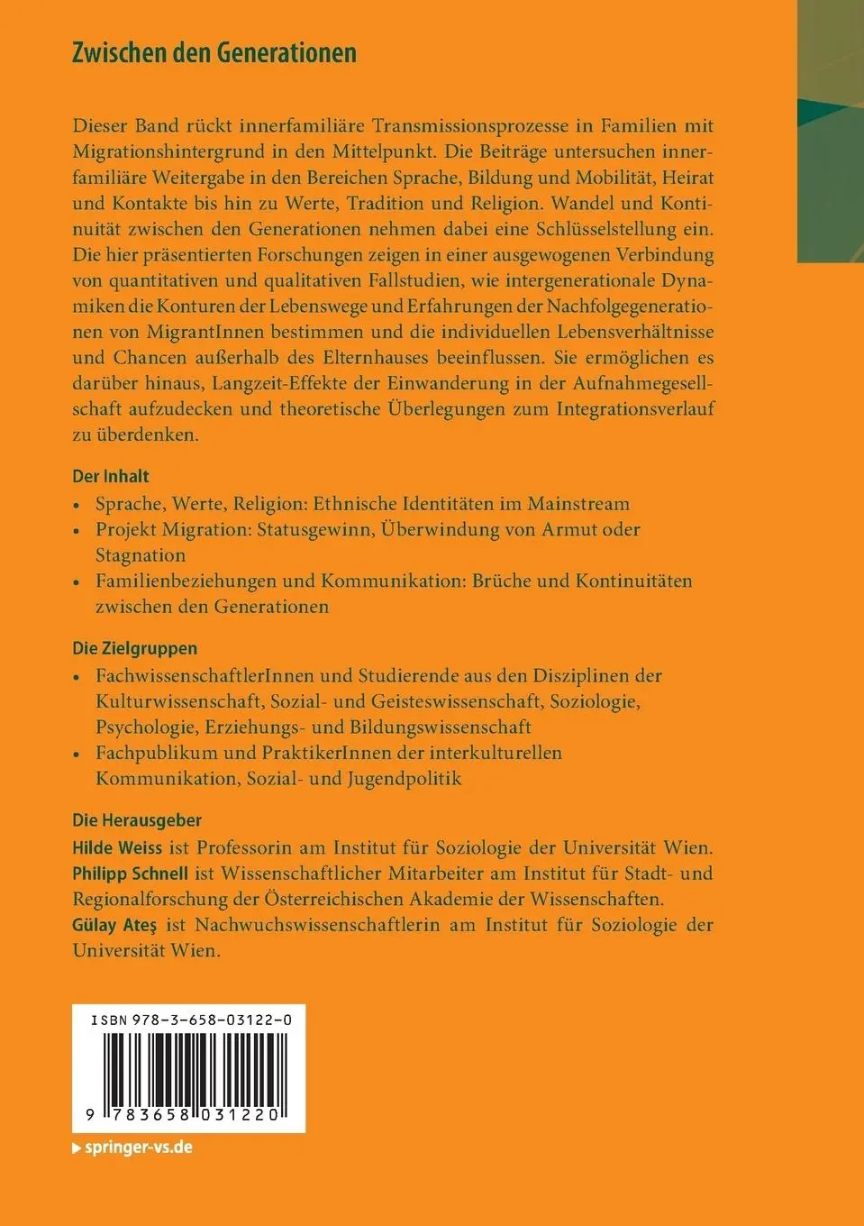 Rückseite: 9783658031220 | Zwischen den Generationen | Hilde Weiss (u. a.) | Taschenbuch | xx