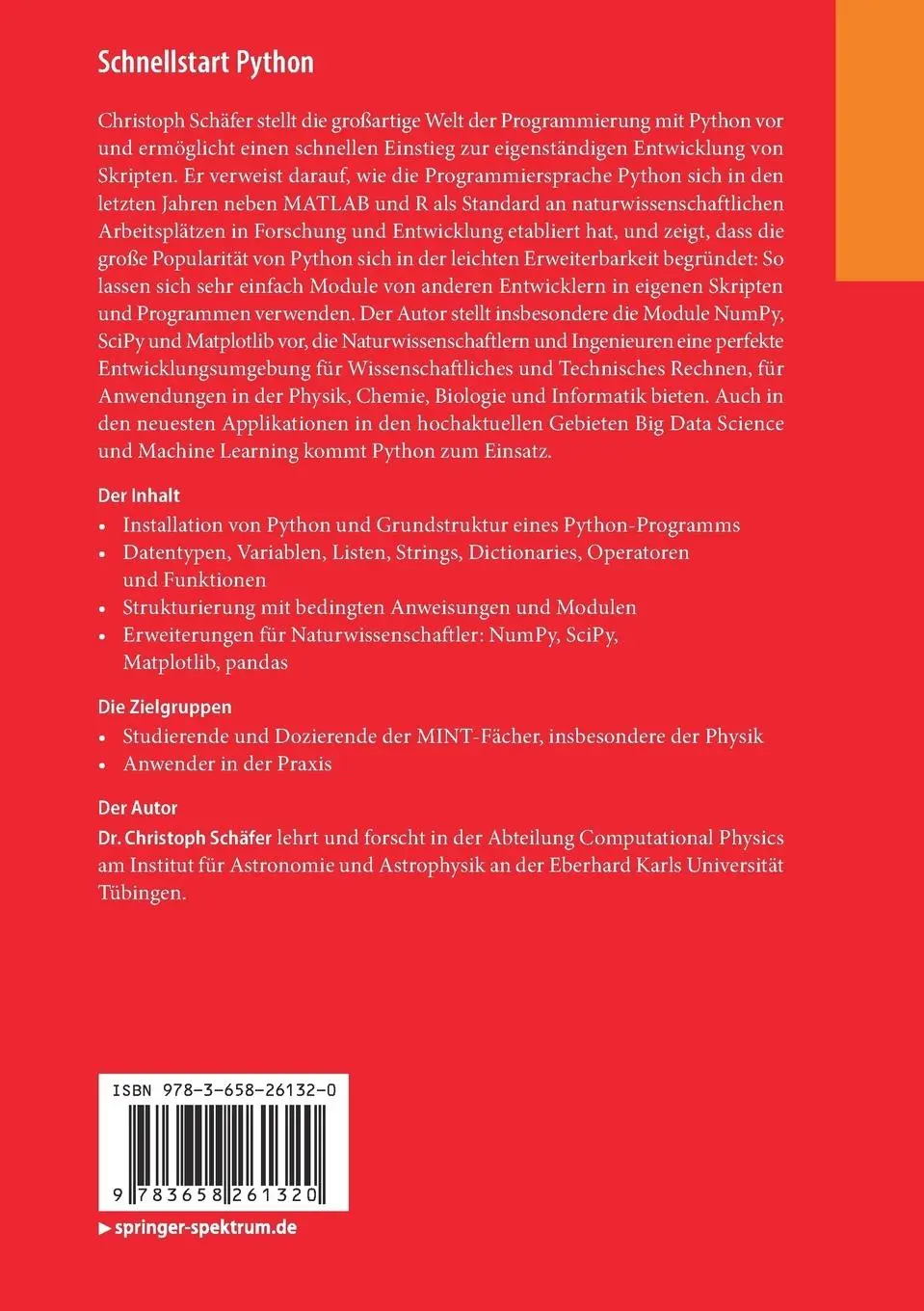Rückseite: 9783658261320 | Schnellstart Python | Christoph Schäfer | Taschenbuch | viii | Deutsch