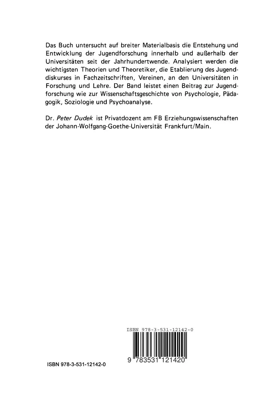 Rückseite: 9783531121420 | Jugend als Objekt der Wissenschaften | Peter Dudek | Taschenbuch