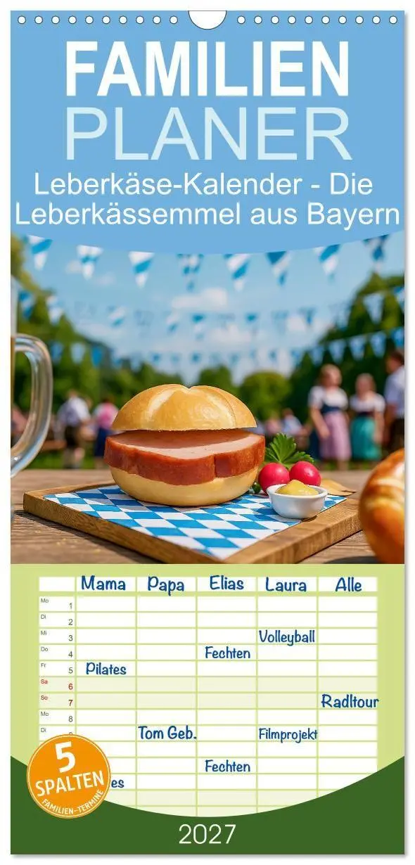 Cover: 9783594281420 | Familienplaner 2027 - Leberkäse-Kalender - Die Leberkässemmel aus...