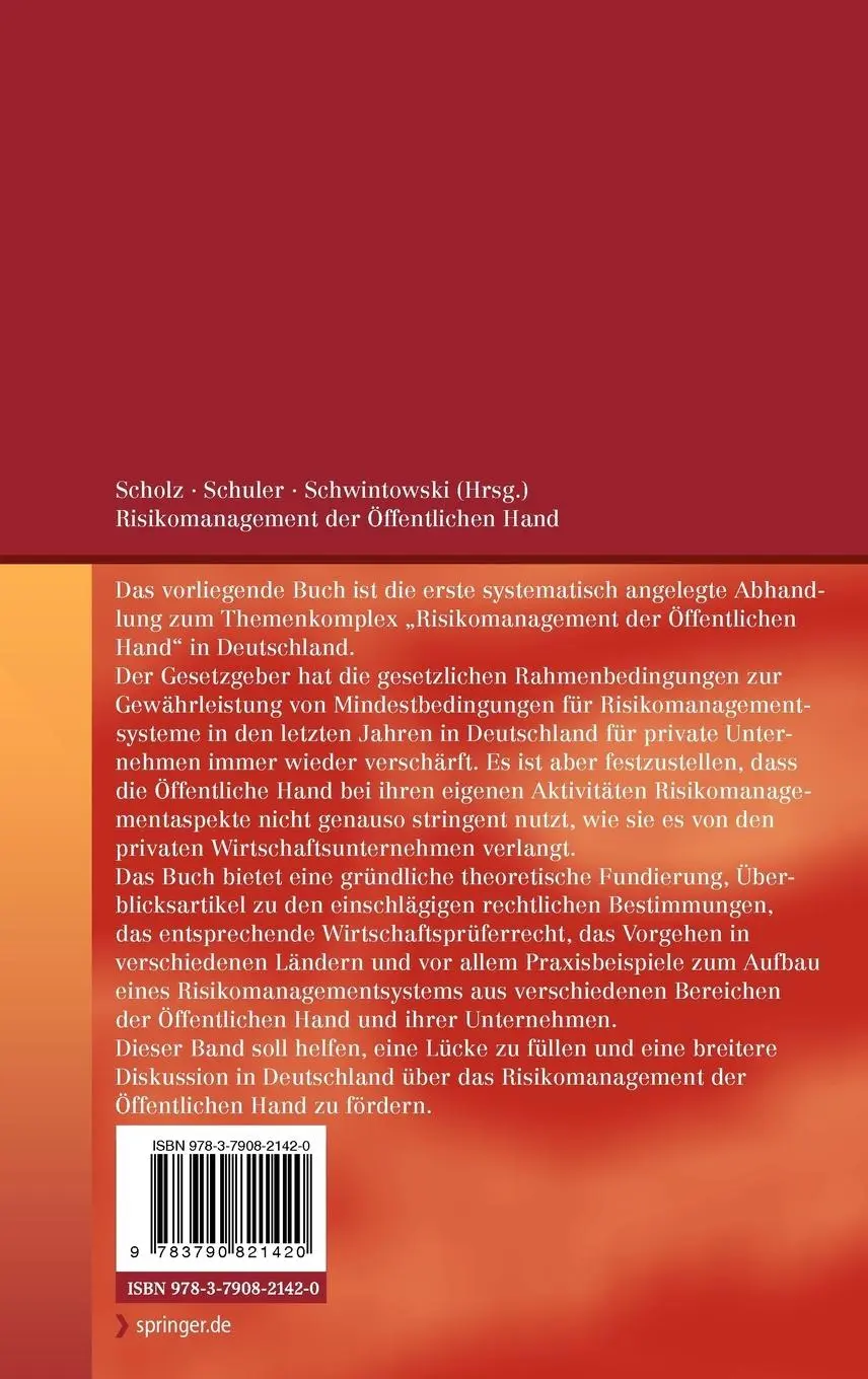 Rückseite: 9783790821420 | Risikomanagement der Öffentlichen Hand | Frank Scholz (u. a.) | Buch