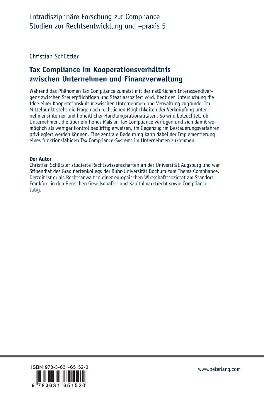 Rückseite: 9783631651520 | Tax Compliance im Kooperationsverhältnis zwischen Unternehmen und...