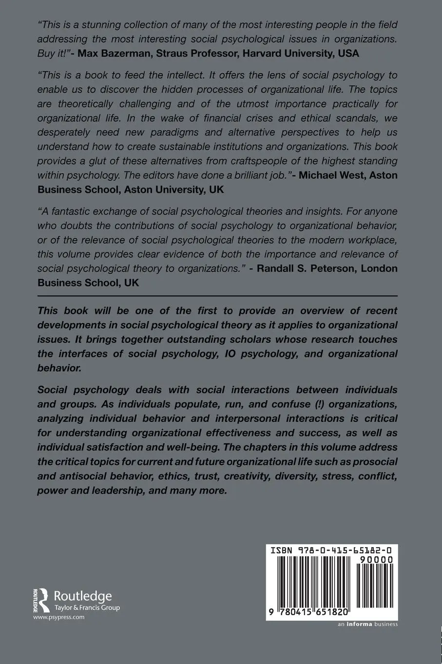 Rückseite: 9780415651820 | Social Psychology and Organizations | David De Cremer (u. a.) | Buch