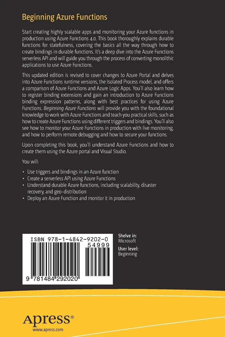 Rückseite: 9781484292020 | Beginning Azure Functions | Building Scalable and Serverless Apps