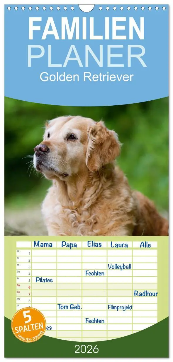 Cover: 9783516522020 | Familienplaner 2026 - Golden Retriever mit 5 Spalten (Wandkalender,...