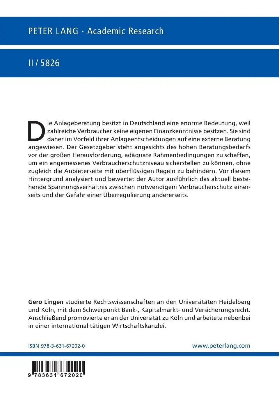 Rückseite: 9783631672020 | Anlageberatung im Spannungsfeld zwischen Verbraucherschutz und...